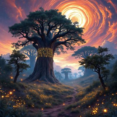 Primary subject: A large tree with a golden crown on top of it.

Setting/background: A forest with trees and a sunset in the background.

Visual style: Digital art.

Colors and mood: The colors are warm and vibrant, with the golden crown on the tree adding a sense of magic and wonder to the scene. The sunset in the background creates a serene and peaceful atmosphere.